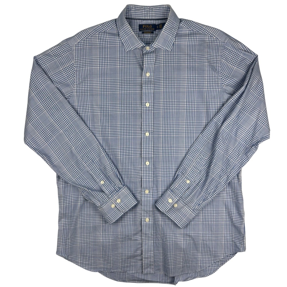 Polo Ralph Lauren Mens XL Performance Blue White Glen Plaid‎ Button Down Shirt